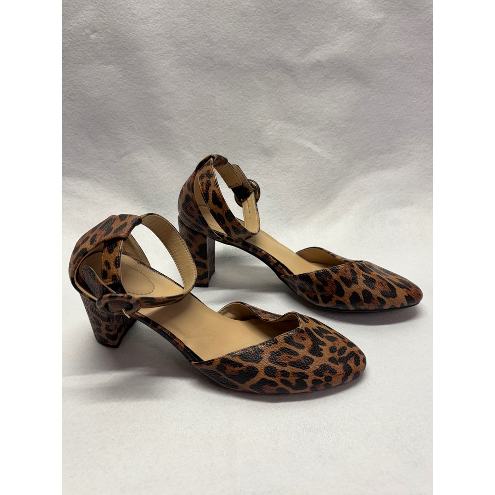 Leopard Print Ankle Strap Block Heel Pumps Almond Toe d'Orsay Shoes Womens 9
